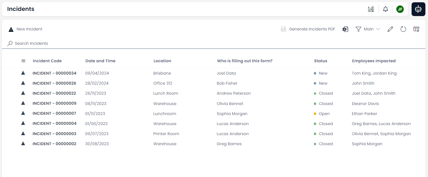 A screenshot of the &quot;Incidents&quot; table. The purpose of this image is to communicate to the reader the appearance of the table. The table is a standard Data Table, and contains the column headings listed above. There is some example data in the table, one item reads for example... Incident Code: &quot;Incident - 000000334&quot;, Date and Time: &quot;05/04/2024&quot;, Location: &quot;Brisbane&quot;, Who is filling out this form?: &quot;Joel Data&quot;, Status: &quot;New&quot;, Employees Impacted: &quot;Tom King, Jordan King&quot;.